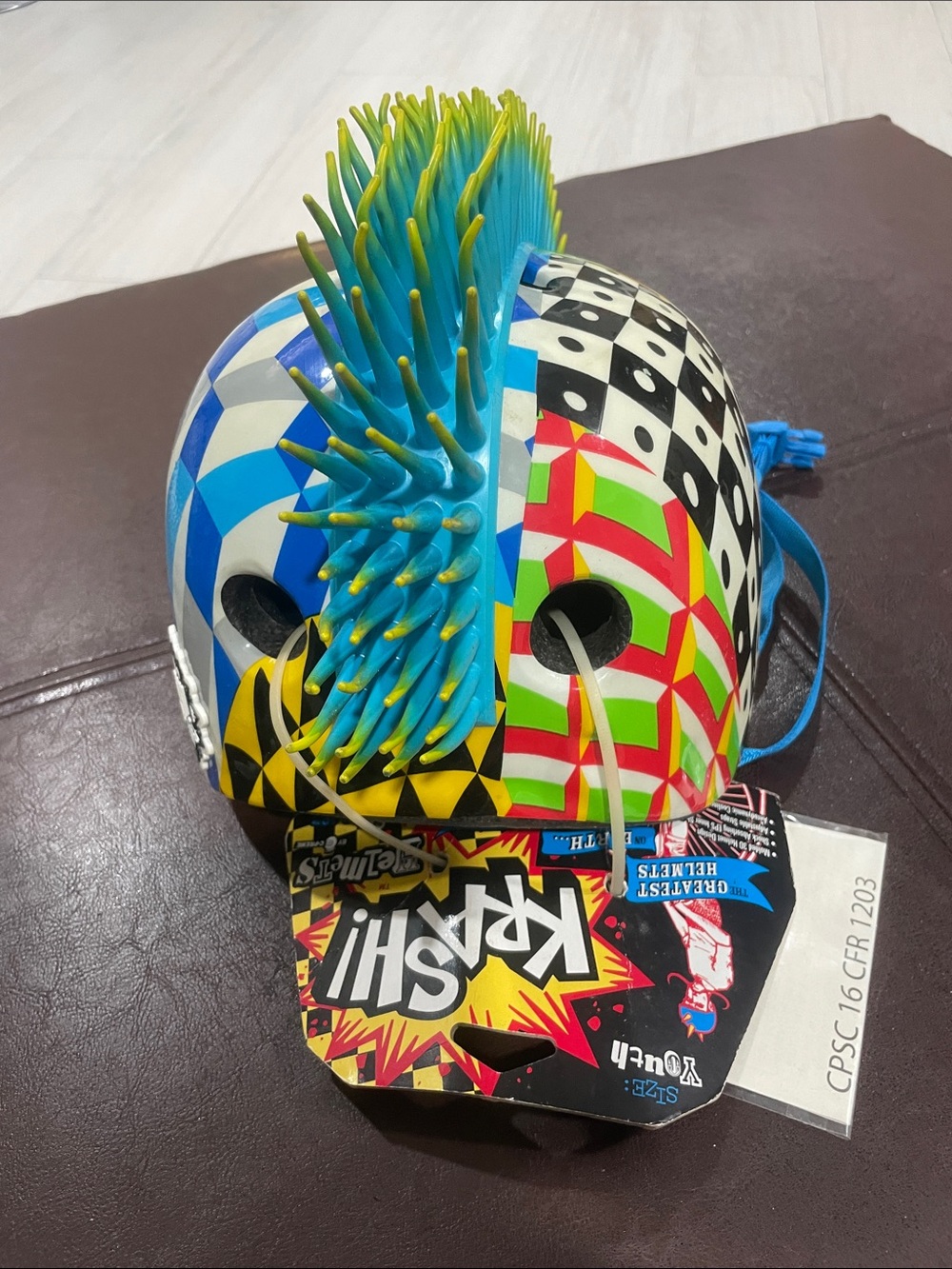 Colorful Graphic Youth bicycle Helmet with Blue-Turquoise Mohawk